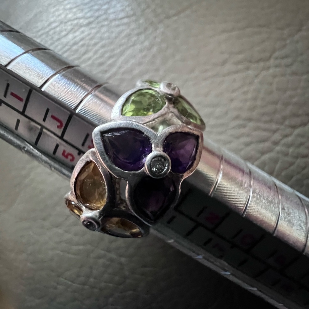 925 SS Estate DiamondAmethyst/Citrine/Peridot flower ring size 5.5